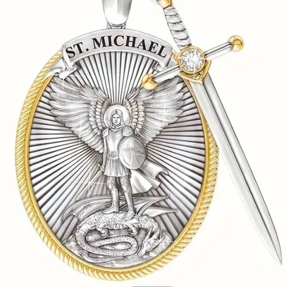 Saint Michael Sword and Shield Pendant and Necklace Silver and Gold Tone NWT - Picture 3 of 4